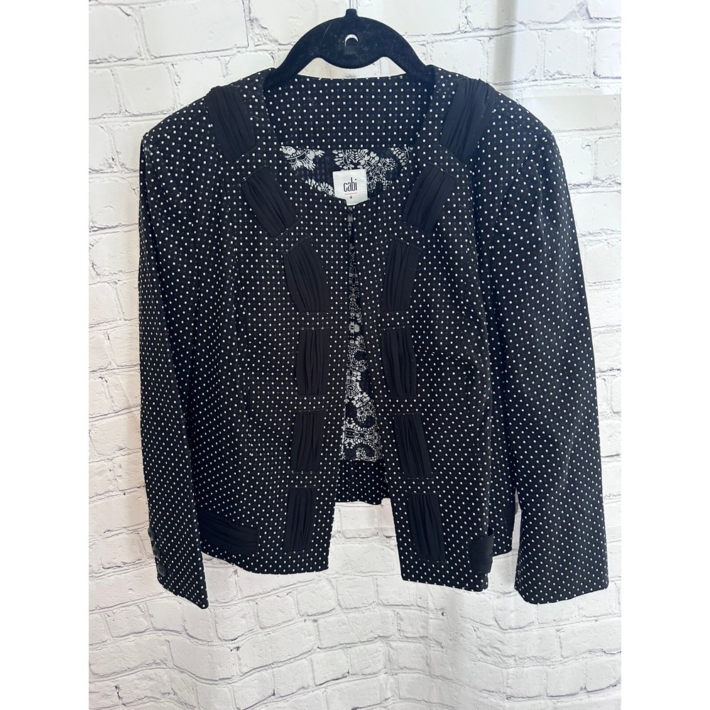 Cabi Polka Dot Blazer Cropped Jacket Ruched Front Career Black‎ White 4
